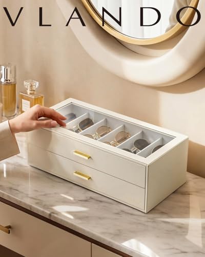 VLANDO 12-Slot Sunglasses Organizer Case with Clear Lid & 2 Drawers,Beige | PU Leather,Velvet Lining,Large Capacity Eyeglass Organizer for Vanity,Dresser,Closet,Bedroom,Gift for Eyewear Lovers