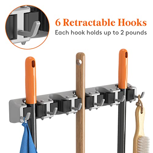 Lifewit Mop and Broom Holder Organzier Wall Hanging Mount, Gray, 1 Pack | Anti-Slip Broom Storage for Cleaning Organizer, Easy Install Tool Hanging Rack with 5 slots & 6 hooks for Kitchen, Garage