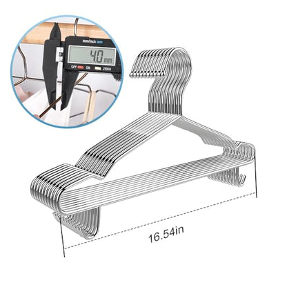 Koja Stainless Steel Clothes Hangers 10-Pack - Heavy Duty Non-Slip, 16.5" | Round metal design with shoulder notches and built-in hooks for scarves, belts, or ties.