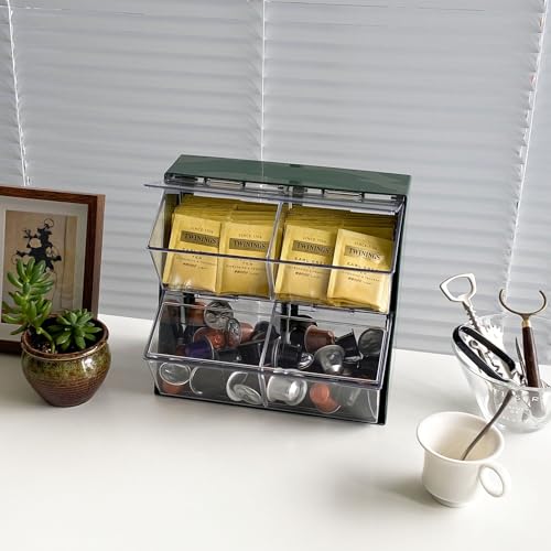 Large Coffee Pod and Tea Bags Organizer with Lid, White | Plastic Creamer Holder, For K Cups, Sugar Bags, Drink Packets, Coffee Bar Accessories Storage Box for Home Office