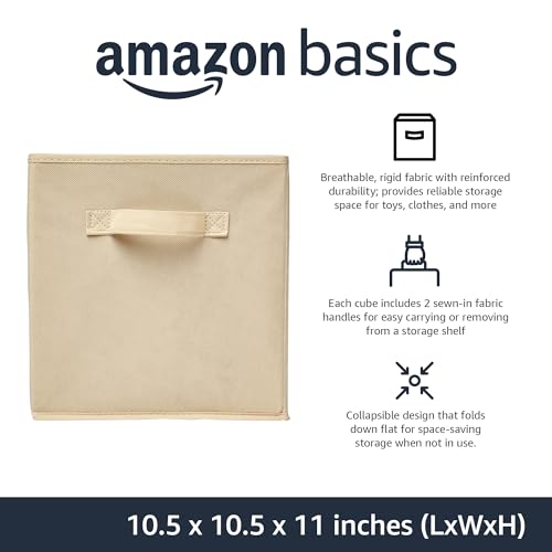 Amazon Basics Collapsible Fabric Storage Cubes Organizer with Handles, Sturdy Storage Bins for Organization, 10.5" x 10.5" x 11", Beige, 6-Pack
