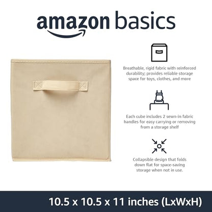 Amazon Basics Collapsible Fabric Storage Cubes Organizer with Handles, Sturdy Storage Bins for Organization, 10.5" x 10.5" x 11", Beige, 6-Pack