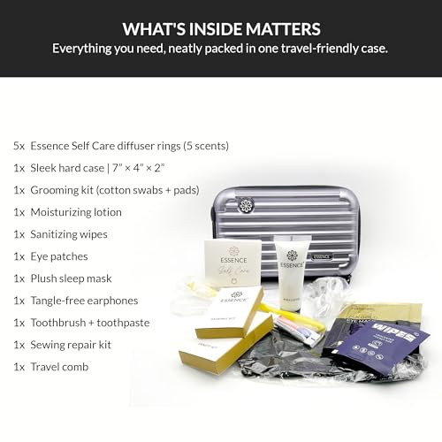 Essence Travel Amenity Kit | Travel Essentials & Travel Size Toiletries Kit | 5-Pack Nasal Diffuser Rings, Sleep Mask, Lotion & Hygiene Kit | Travel Toiletry Kit for Women | Black Case