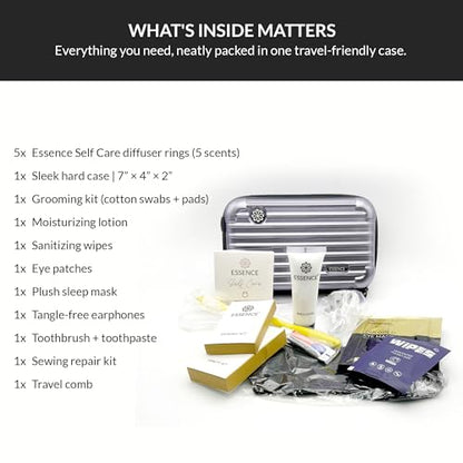 Essence Travel Amenity Kit | Travel Essentials & Travel Size Toiletries Kit | 5-Pack Nasal Diffuser Rings, Sleep Mask, Lotion & Hygiene Kit | Travel Toiletry Kit for Women | Black Case