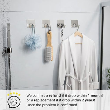 Adhesive Shower Hooks for Inside - Extra Sticky Razor Holder, Silver 4 Pack