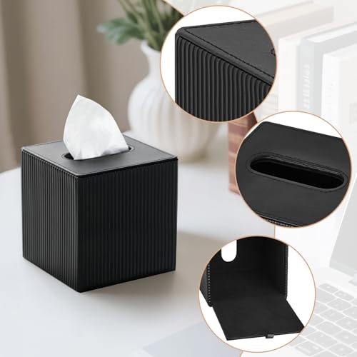 Mkono Tissue Box Cover, PU Leather Square Holder with Bottom, Black | Decorative Facial Cube Organizer, Vanity Dresser Countertop Tabletop, Bathroom Bedroom Office Nightstand, Home Decor Accent