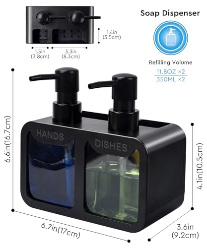 Kitchen Hand Soap and Dish Soap Dispenser Set, Dual Soap Dispenser with Sponge Caddy and Brush Holder 4-in-1 Organizer for Kitchen Sink Countertop, Useful Kitchen Gadgets - Black