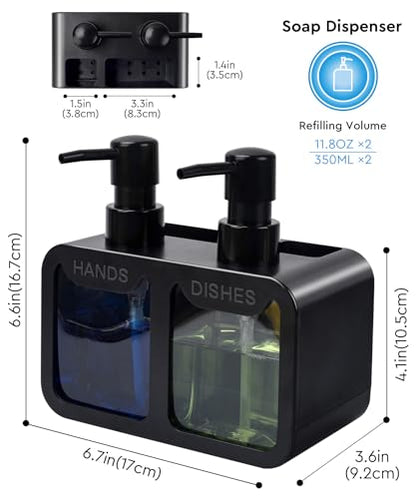 Kitchen Hand Soap and Dish Soap Dispenser Set, Dual Soap Dispenser with Sponge Caddy and Brush Holder 4-in-1 Organizer for Kitchen Sink Countertop, Useful Kitchen Gadgets - Black