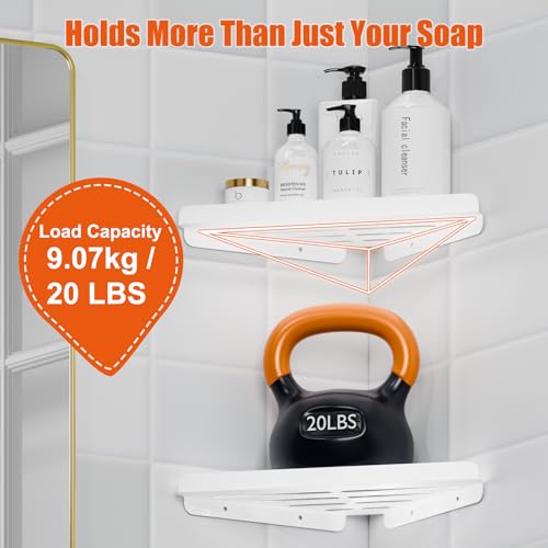 Fikoksol Shower Caddy Storage, Triangle Corner Shelf with Adhesive Glue | Metal Bathroom Shelf Storage, Adhesive or Screw Wall Mounted Corner Shower Rack, White Rustproof Bath Organizer Accessory