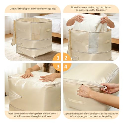 2 Pack Space Saving Comforter Storage Bag with Handle, 3-Layer Compression Blanket Storage Bags Adjustable In 3 Sizes (142L, 107L, 71L), Washable Bedding Organizer For Pillow Duvet Clothing Plush Toy