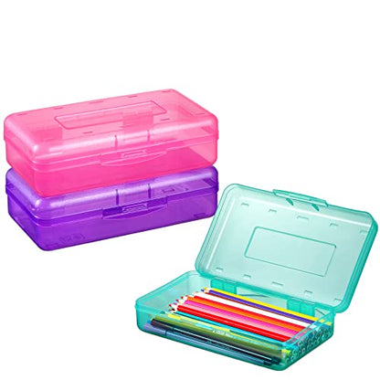 Sooez 3 Pack Pencil Case, Large Hard Pencil Box Bulk, Clear Crayon Box | Marker Pen Organizer, Plastic Storage Container with Snap Lid, Stackable Art Craft Organizer Back to School Supplies