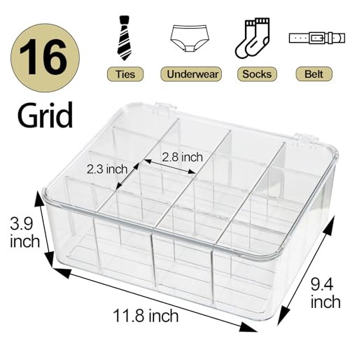 ZEXALOR Socks Underwear Drawer Organzier Dividers, 16 Compartment Removable Divided Plastic Storage Bin with Lid, Storage Organizer for Scarves Ties Bras, Clear Dresser Drawer Organizers