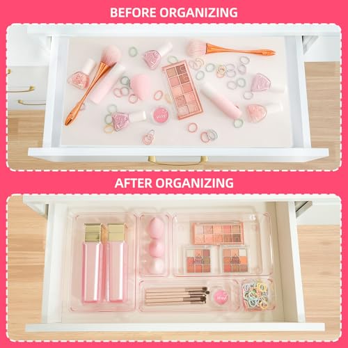Kitchen Desk Drawer Organizers Storage for Office, Small Acrylic Vanity Trays Makeup Organizer for Drawer Bathroom Plastic Make up Organizers 25 Pcs Pink