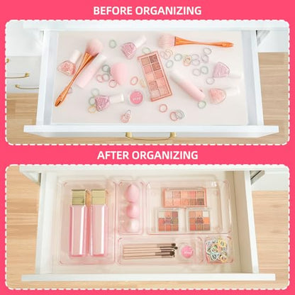Kitchen Desk Drawer Organizers Storage for Office, Small Acrylic Vanity Trays Makeup Organizer for Drawer Bathroom Plastic Make up Organizers 25 Pcs Pink