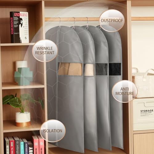 Dress Bags for Gown, Garment Bag for Long Trench Coat, 23.6" x 65" | PEVA Clothes Cover, For Bridesmaid, Ball, Wedding Gown, Clear Windows, Dustproof, Keep Dry, Travel, 3 Pack
