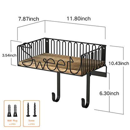 SRIWATANA Ironing Board Hanger Wall Mount, Carbonized Black | Space Saving Ironing Board Holder, Laundry Room Organizer & Storage, Movable Hooks Fit T-Leg, Large Storage Wood Base Basket