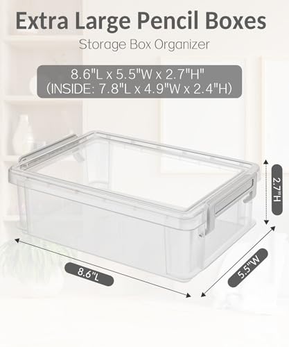 Sooez 6 Pack Extra Large Pencil Box, Plastic Pencil Case Crayon Box | Clear Marker Organizer Plastic Containers with Lid, Stackable Storage Boxes for Art Craft,Back to School Supplies, Grey