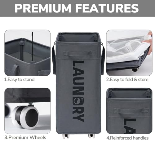 Goodpick 75L Laundry Basket with Wheels & Removable Wash Bag for Dorm | Rolling Laundry Basket with Handles for Dirty Clothes, Fodable Hamper for Laundry Room, Dorm Room Essentials, Grey
