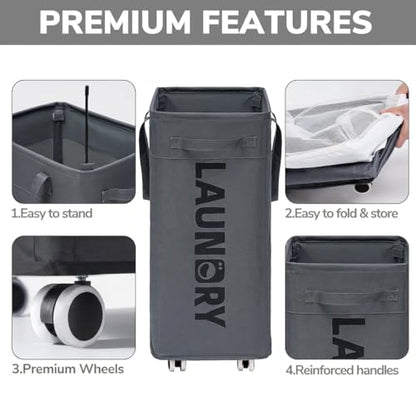 Goodpick 75L Laundry Basket with Wheels & Removable Wash Bag for Dorm | Rolling Laundry Basket with Handles for Dirty Clothes, Fodable Hamper for Laundry Room, Dorm Room Essentials, Grey