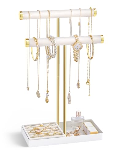 Lolalet 2-Tier Necklace Holder Display, Jewelry Stand with Ring Tray -White | Velvet Wrapped Jewelry Organizer, Tall Bracelet Stand for Bangles Watches Earrings, Gifts for Mom Girls Women Mother's Day