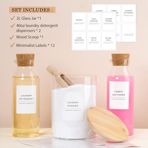 Liquid Laundry Detergent Container, Glass Detergent Bottle for Laundry Room | 3 Pack Laundry Storage Containers for Organizing, Laundry Beads & Dryer Sheet Holder, Laundry Soap and Softener Dispenser