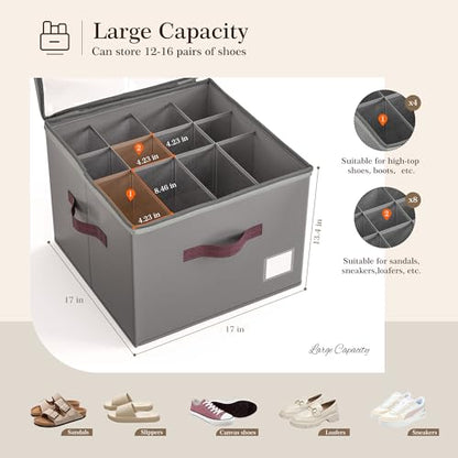 Shoe Organizer for Closet, 2 Pack Shoe Organizer with Transparent Cover and Sturdy Handles, Closet Shoe Storage for Sneakers Sandals Slippers, Fit 12-16 Pairs, Gray