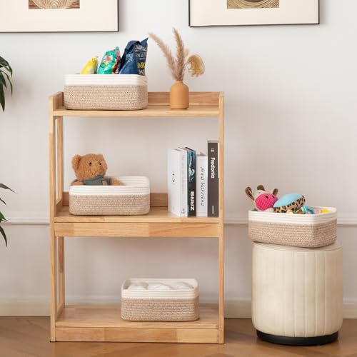 OIAHOMY 4 Pack Storage Baskets for Organizing, Small Bins for Shelves, Cute Decorative Storage Bins, Organizer Baskets for Gifts Empty, 11.8''Lx7.8''Wx4.7''H, Brown/White