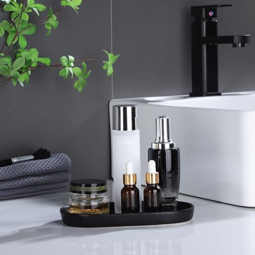 Matte Black Round Soap Dispenser Tray - 8'' Ceramic Vanity Tray for Bathroom Decorative, Jewelry Ring Dish, Comestic Holder, Kitchen Sink Countertop Organizer Plate