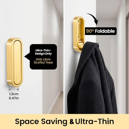 Foldable Wall Hooks, Hold 40lbs, Magnetic Lock Zinc Alloy Gold 4Pcs | Folding coat hooks for towels, coats, bags. Rustproof zinc alloy, screw mount. Space-saving for bathroom, kitchen, entryway.