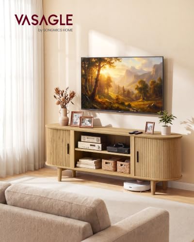 VASAGLE TV Stand for 65-Inch TVs, Mid Century Entertainment Center with Storage, Fluted Sliding Doors, Media Console Table for Living Room, Bedroom, Sand Brown ULTV633K201