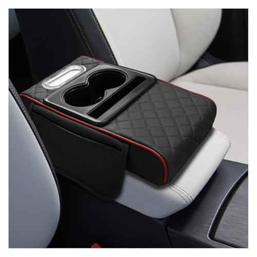 Leather Car Center Console Cover, Armrest Booster Cushion,BlackRed | Universal Vehicle Middle Console Organizer with 2 Cup Holders, Side Storage Bag, Tissue Box & Phone Slot, 13.38"×7.28"×2.44"