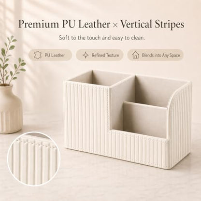 Desk Pen Organizer Office Supplies Caddy Pu Leather Multi-function Storage Box Pen/Pencil,Cell phone, Business Name Cards Remote Control Holder (Ivory White)