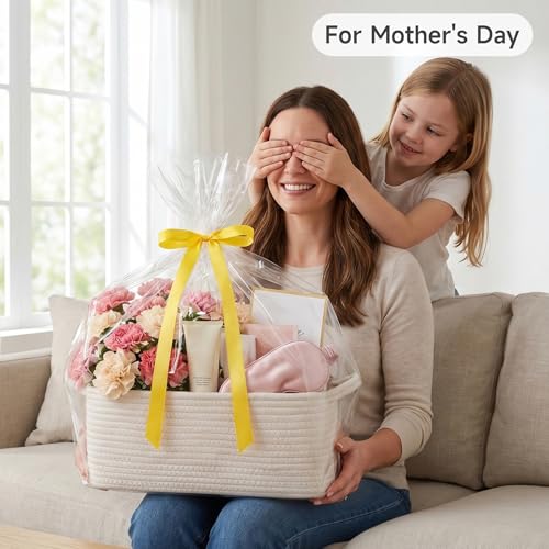 OIAHOMY Cotton Rope Gift Basket Empty with Bags & Ribbons, Woven Baby Shower Basket for Nursery & Pet Toys, Ideal Personalized Gift for Holidays, Birthdays & Decor, White