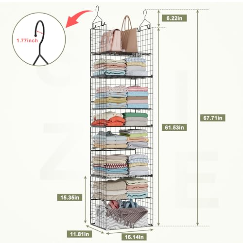 Hanging Closet Organizer and Storage - 8 Tier Closet Hanging Organizer Shelves, Metal & Foldable Hanging Storage Organizer Baskets with Adjustable Dividers for Clothing Sweaters Shoes Handbags