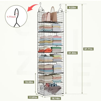 Hanging Closet Organizer and Storage - 8 Tier Closet Hanging Organizer Shelves, Metal & Foldable Hanging Storage Organizer Baskets with Adjustable Dividers for Clothing Sweaters Shoes Handbags