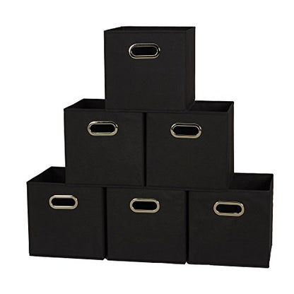 Household Essentials Foldable Fabric Storage Bins 6 Piece Set, Strong Poly-Woven Fabric, Sturdy Chipboard Sides, Grommet Front Handle, Stackable, Classic Design, Black