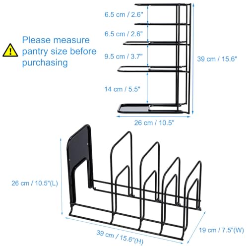 Toplife Heavy Duty Pan Organizer, 5 Tier Pot and Pan Organizer Rack for Cast Iron Skillets, Griddles and Pots - Sturdy Steel Construction- No Assembly Required - Black