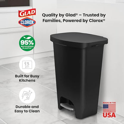 Glad Trash Can with Clorox Odor Protection | Plastic Bin, 13 Gal, Black | Kitchen Waste Bin | Hands Free with Step On Foot Pedal and Garbage Bag Rings