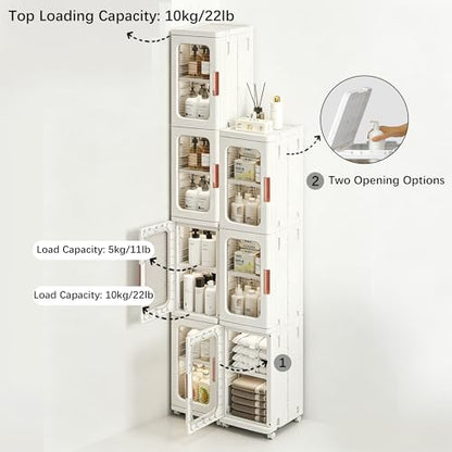 Tall Narrow Storage Cabinet with Movable Wheels, Adjustable Shelves & Magnetic Doors – Foldable Slim Plastic Organizer for Bathroom, Kitchen, Laundry, Ideal for Small Spaces(4-Tier,White)