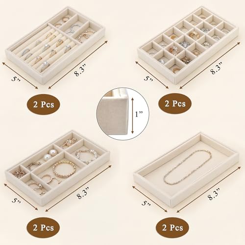 Elsjoy 8 Pack Velvet Jewelry Trays, Stackable Jewelry Organizer Trays for Drawers, Beige Jewelry Storage and Display Tray Inserts for Necklaces, Rings, Earrings