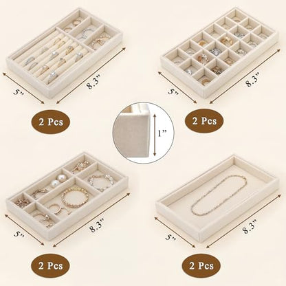 Elsjoy 8 Pack Velvet Jewelry Trays, Stackable Jewelry Organizer Trays for Drawers, Beige Jewelry Storage and Display Tray Inserts for Necklaces, Rings, Earrings