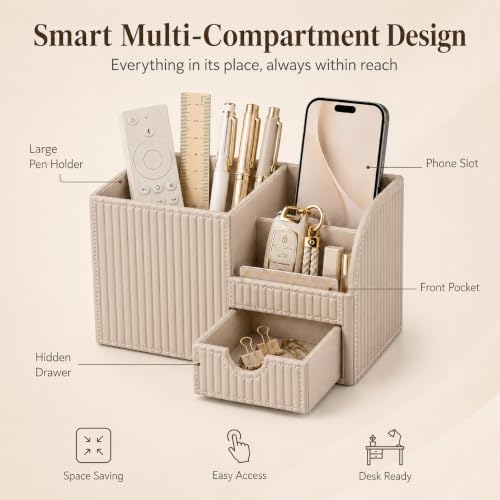 Luxury PU Leather Desk Organizer with Drawer, Modern Aesthetic Office Desk Accessories for Men & Women, Multi-Compartment Pen Holder & Desktop Storage Organizer for Home Office