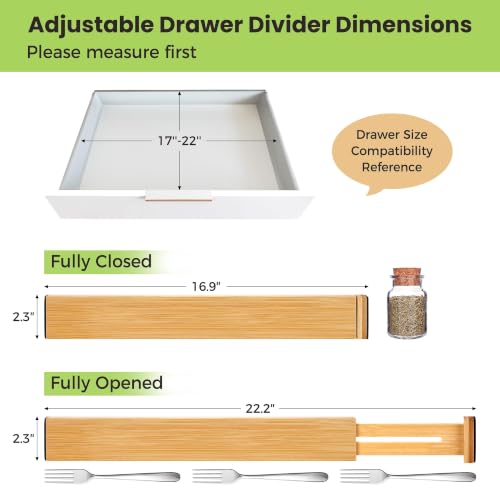 Drawer Divider, Adjustable Bamboo Kitchen Drawer Organizer, Spring Loaded Drawer Organizer, Dresser Separators for Kitchen, Bathroom, Clothes, Office Desk Storage (Natural, 4 Pack Large)