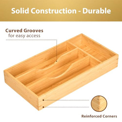 Bamboo Kitchen Drawer Organizer, 7 Inch Silverware Utensils Tray Holder for Small Drawer, Wood Caddy for Flatware Cutlery Knives