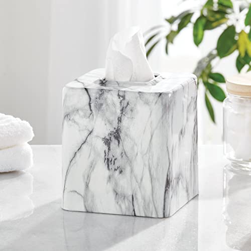 mDesign Metal Square Tissue Box Cover, Modern Facial Paper Holder - Accessories for Bathroom Vanity Countertop, Bedroom Dresser, Night Stand, Desk, Office and End Table - Unity Collection - Marble