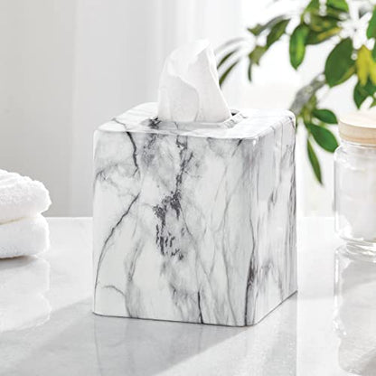 mDesign Metal Square Tissue Box Cover, Modern Facial Paper Holder - Accessories for Bathroom Vanity Countertop, Bedroom Dresser, Night Stand, Desk, Office and End Table - Unity Collection - Marble