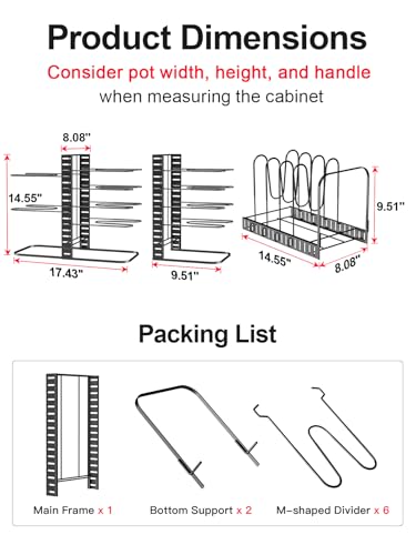 MUDEELA 8-Tier Lightweight Pots and Pans Organizer under Cabinet, 14.55" H | 3 DIY Methods, Adjustable pot rack, Fits 6"-11" pots and pans, Pot lid organizer inside cabinet, Kitchen storage