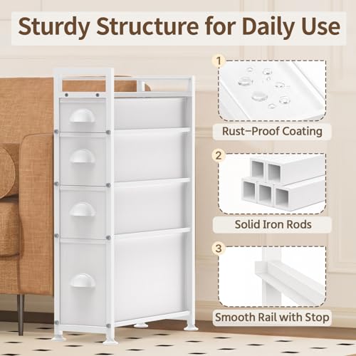 LASZOLA Narrow Cabinet Slim Storage Cart for Bathroom Small Space, White | 4 Tiers Skinny Rolling Organizer Shelf with Sturdy Fabric Drawers, Lightweight Mobile on Wheels, Between Washer and Dryer