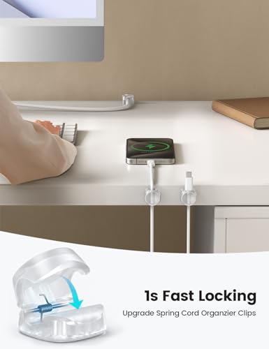 Lamicall 12 Pack Cord Organizer, [1s Lock] Spring Cable Holder Clips | Smooth Adjustable, Adhesive Phone Charger Cable Management Wire Keeper for Nightstand Desk Wall Car Office Home, Clear