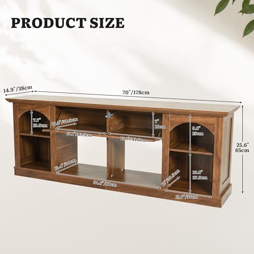 YITAHOME Farmhouse TV Stand with LED Lights for Living Room, Walnut | 70 inch Entertainment Center with Flip-Down Carved Door, Media Console for 75/80 Inch TV, Adjustable Shelf & Open Storage